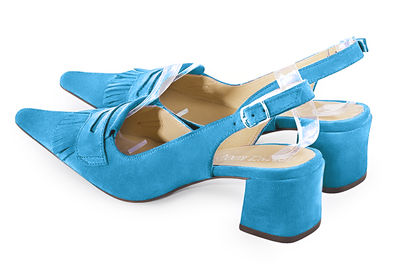 Turquoise blue women's slingback shoes. Pointed toe. Medium block heels. Rear view - Florence KOOIJMAN